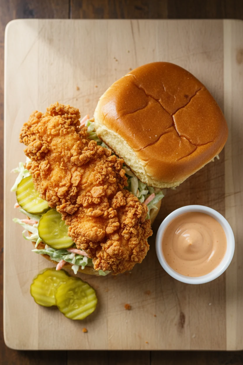 Overhead top-down of extra-crispy variation: craggy, deeply golden fried chicken on a toasted potato roll with shredded 