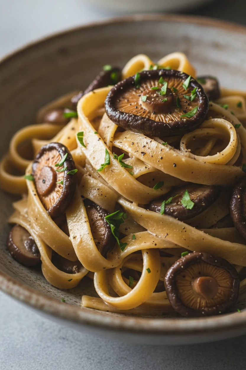 5. Close-up detail of Miso Mushroom Tagliatelle—deeply browned mushrooms nestled among silky tagliatelle, umami-rich cre