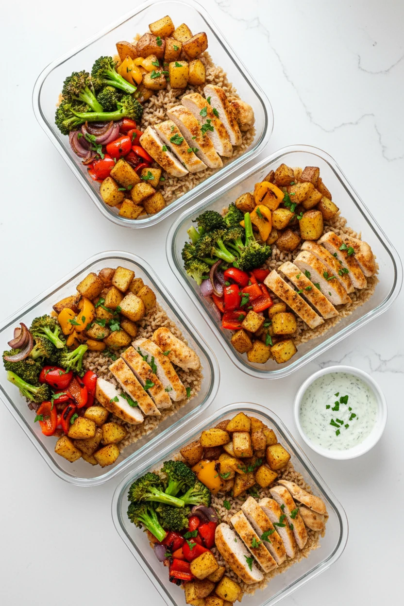 Top-down meal-prep set: three tidy bowls with brown rice base, sliced lemon-garlic chicken, roasted broccoli, peppers, o