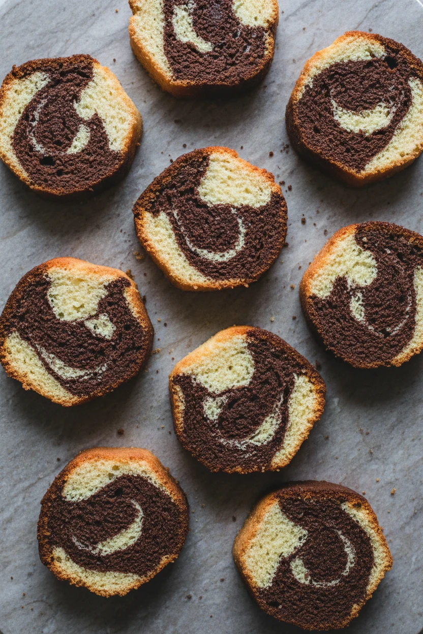 Overhead of Marble Magic slices arranged to showcase distinct cocoa swirls through vanilla crumb; glaze-free presentatio
