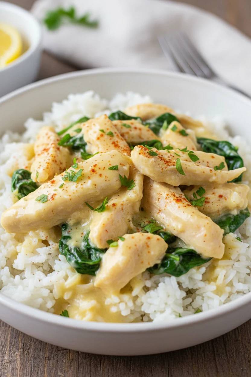 5. Final bowl: creamy lemon-herb chicken over fluffy rice with sauce pooling, bright greens of spinach, paprika dusting,