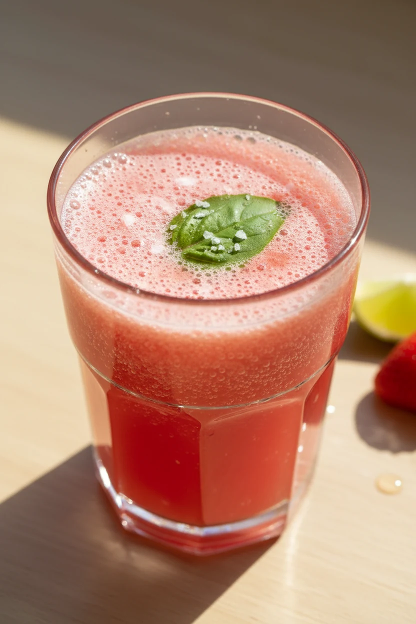 Top-down Watermelon Refresher spritzer: half watermelon–strawberry–lime juice topped with sparkling water, lively bubble