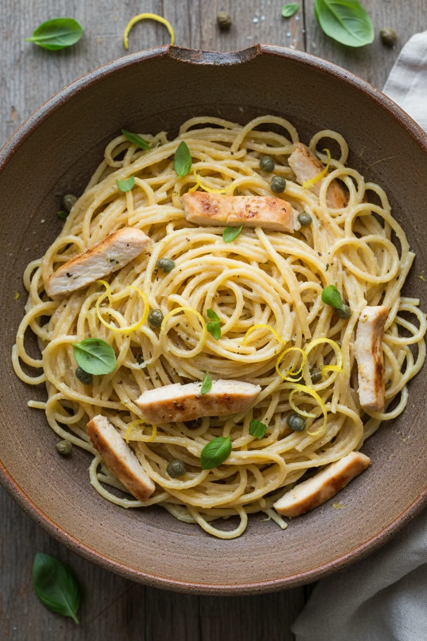 GF pasta night variation: overhead shot of al dente spaghetti tossed in the creamy coconut lemon sauce with sliced chick