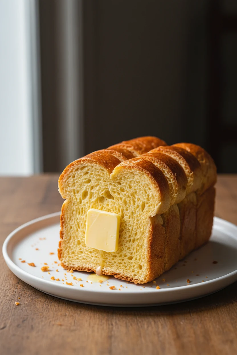 Final presentation of brioche-style milk-and-butter loaf: thick, glossy golden slices on a white plate with a soft pat o