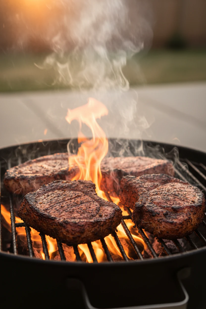 Grill process shot of smoky BBQ–rubbed boneless chops over direct heat, mahogany crust with defined char marks, wisps of