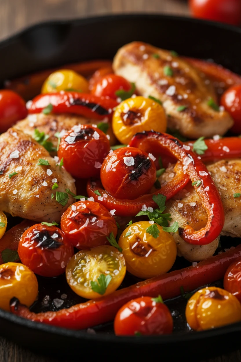 Close-up detail of the broil finish: crispy, lightly charred edges on chicken and peppers, blistered cherry tomatoes gli