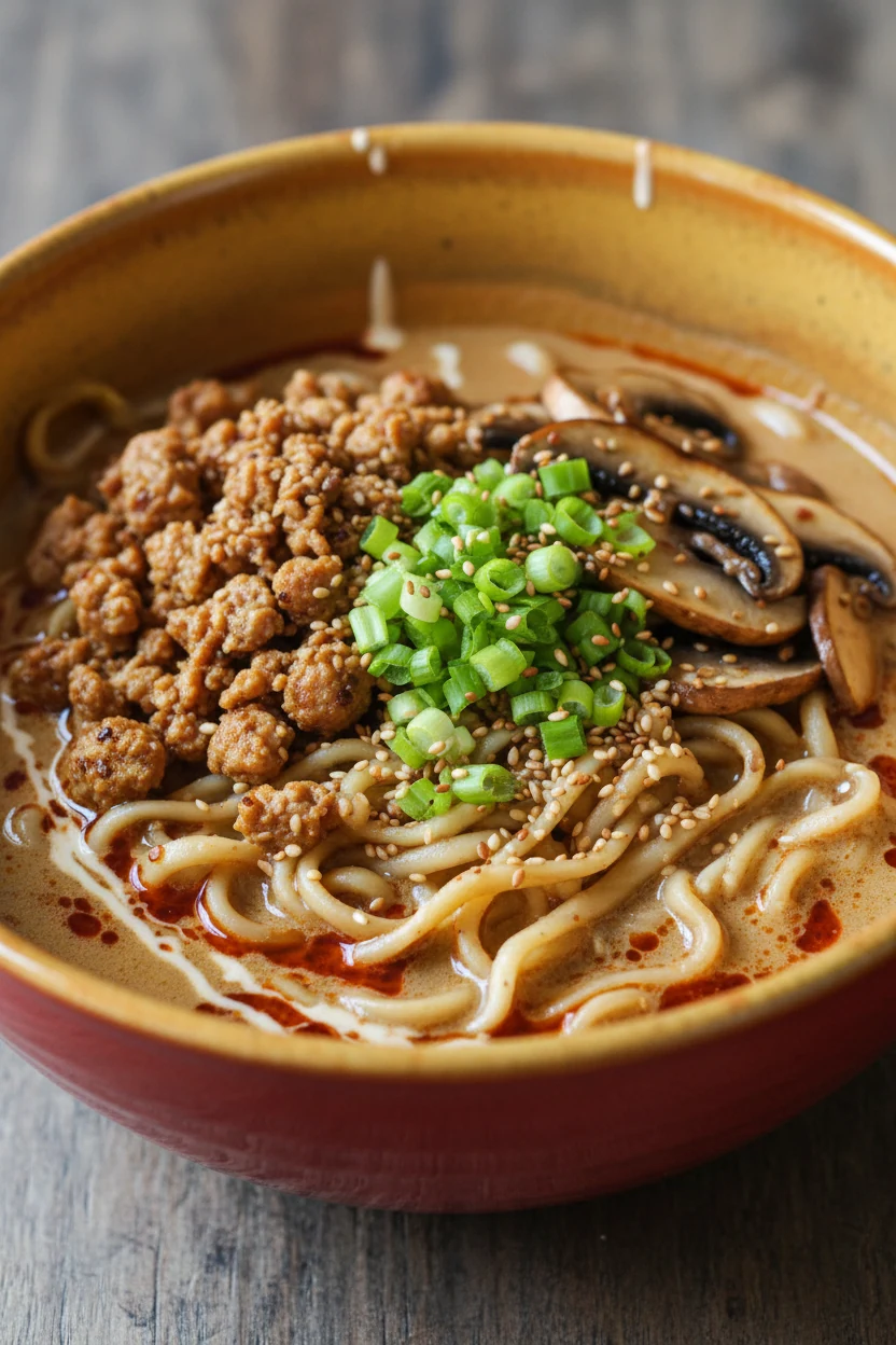 Final bowl, tan tan-inspired: rich broth with chili crisp and tahini swirl, topped with ground chicken, cremini mushroom