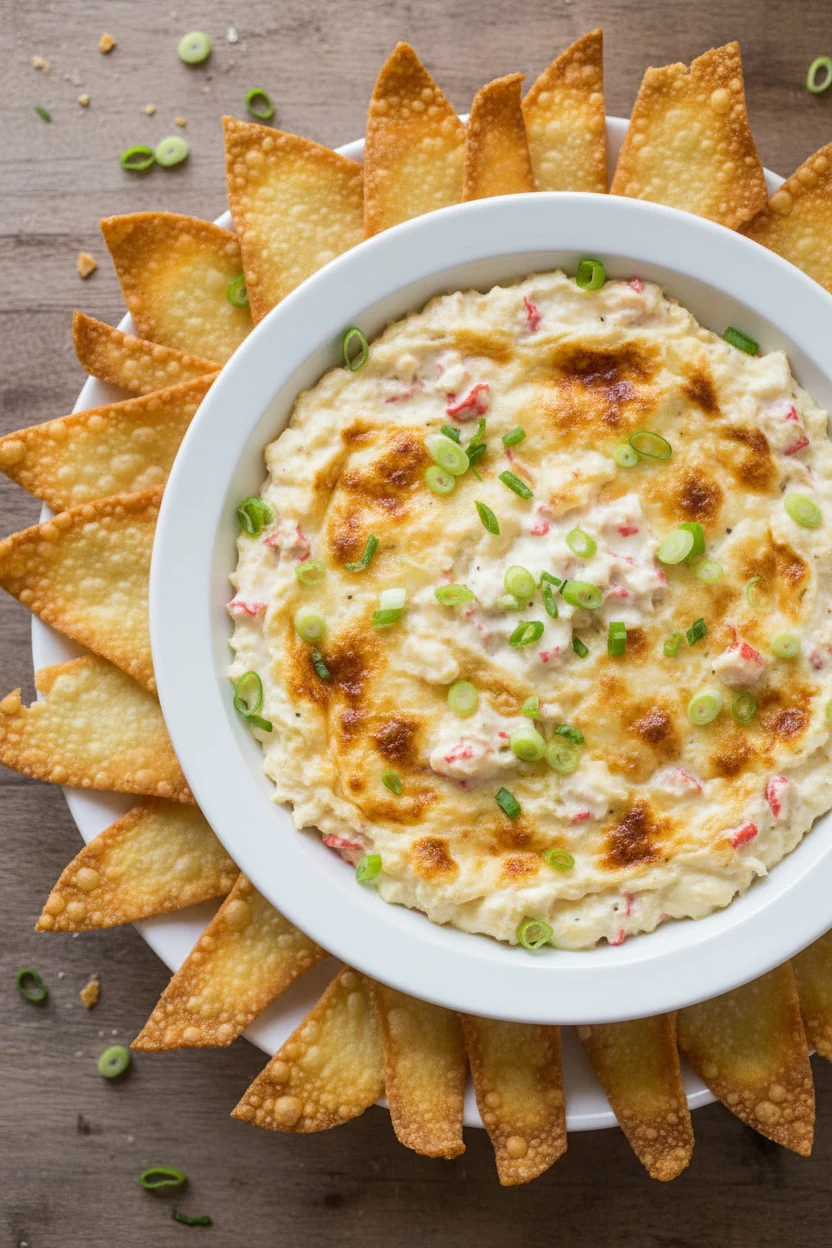 Tasty top view: Crab Rangoon Party Dip in a low porcelain bowl, hot and bubbly with golden spots, garnished with extra g