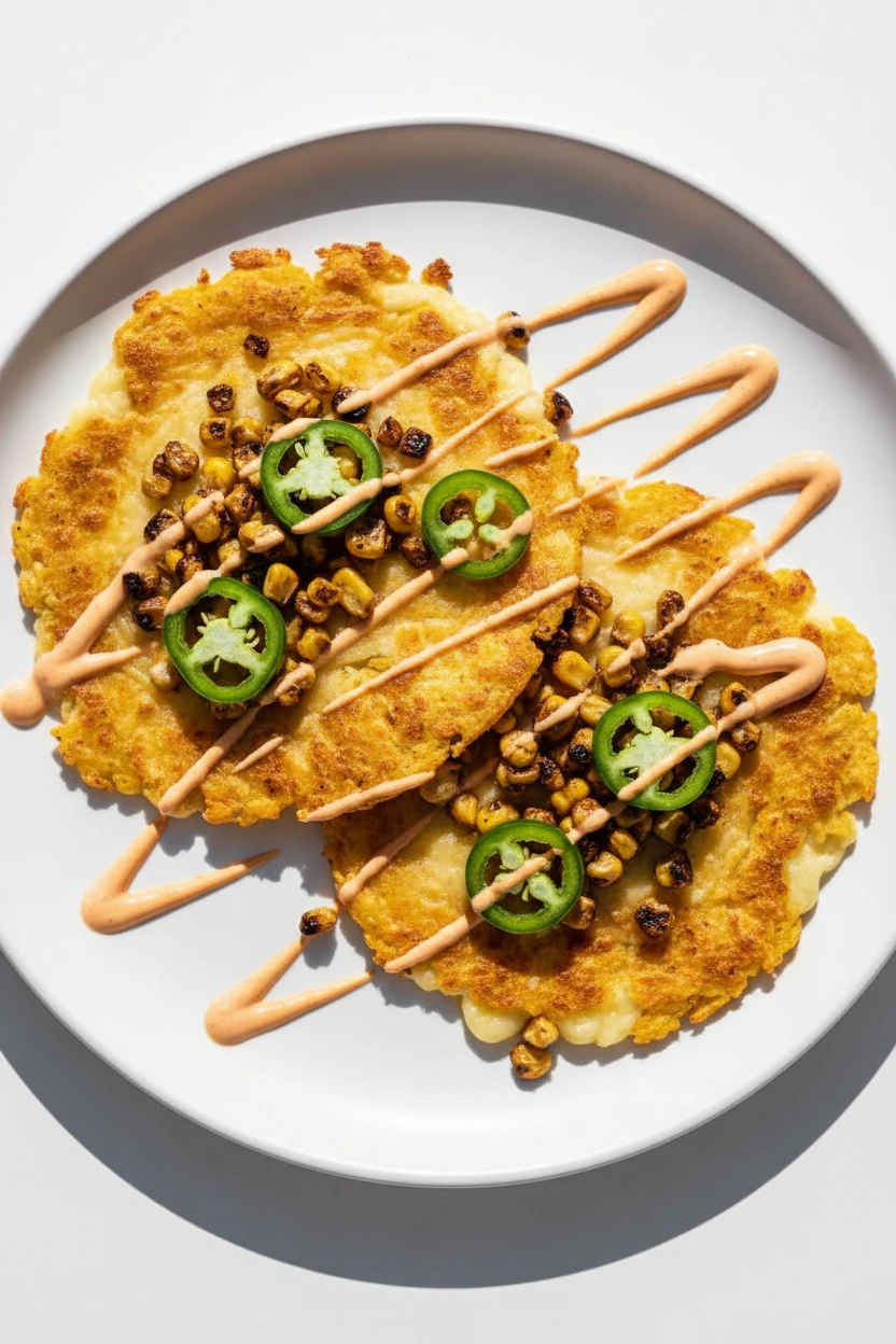 Tex-Mex variation (top view): smash tacos with pepper jack, taco-seasoned crust, charred corn, thin drizzle of chipotle 