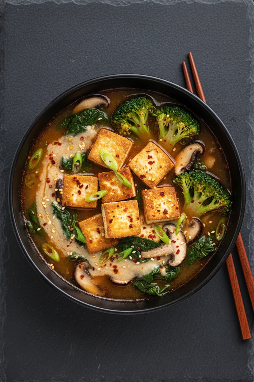 Top-down, Spicy Miso Tofu & Veg in a black bowl: tofu cubes, broccoli, mushrooms, spinach in umami-rich broth with visib