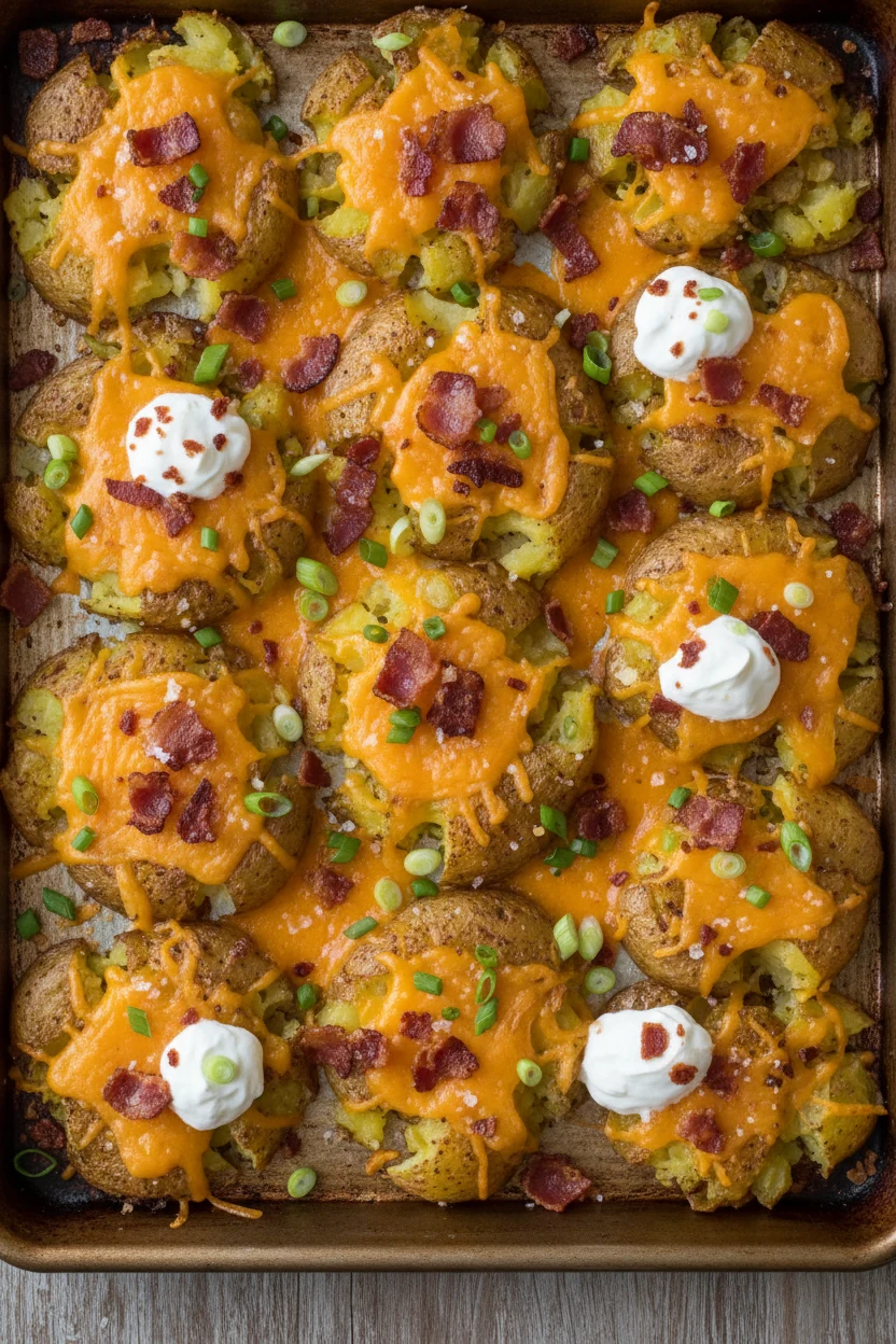 Tasty top view of loaded smashed potatoes on a sheet pan topped with melted cheddar, bacon bits, sour cream dollops, and