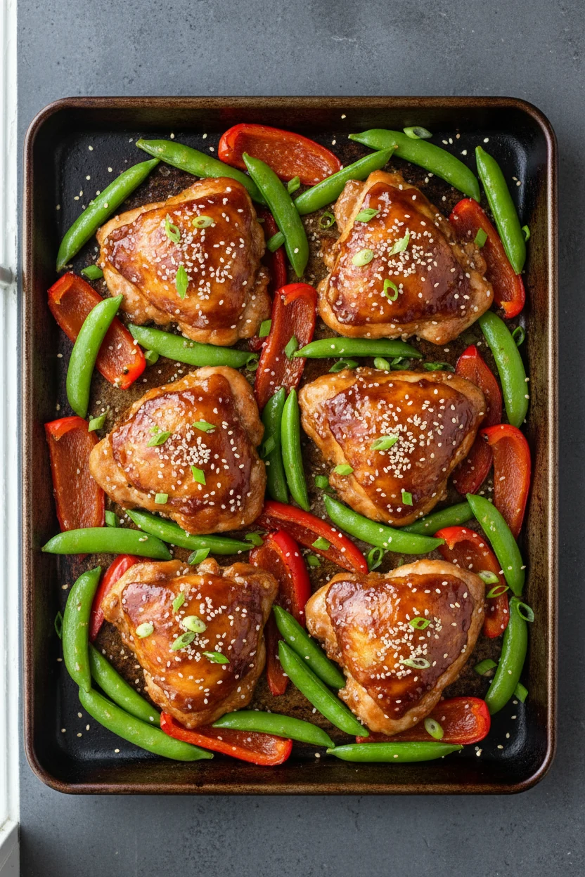 Tasty top view, Teriyaki variation: glossy soy-ginger-garlic glazed chicken thighs with roasted red bell peppers and sna