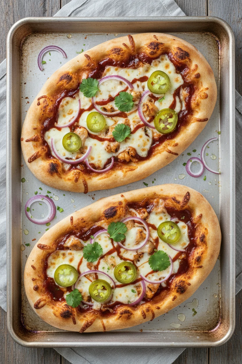 Tasty top view: BBQ chicken flatbread pizzas on a sheet pan—molten mozzarella, thin red onion, cilantro, pickled jalapeñ