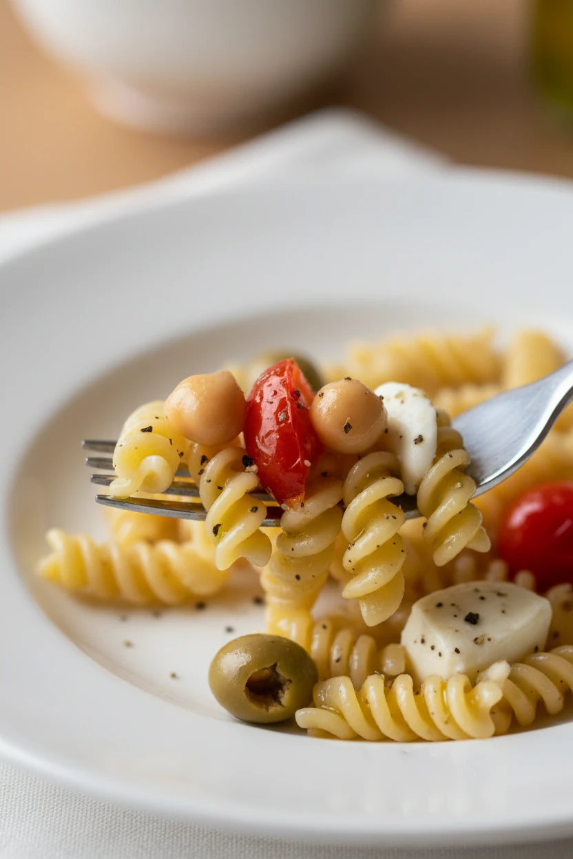 5. Macro detail of a resting forkful on the plate: rotini glistening with vinaigrette, a chickpea, olive half, tomato, a