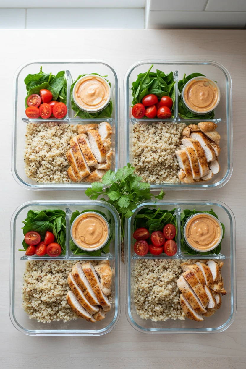 Top-down meal-prep scene: four airtight containers with fluffy quinoa and sliced seared chicken, fresh spinach and cherr