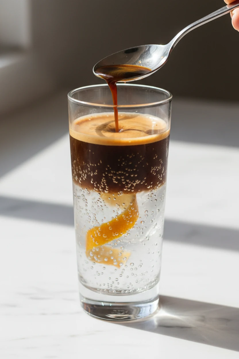 Cooking process: espresso tonic with orange, action pour—dark espresso floated over the back of a spoon onto chilled ton