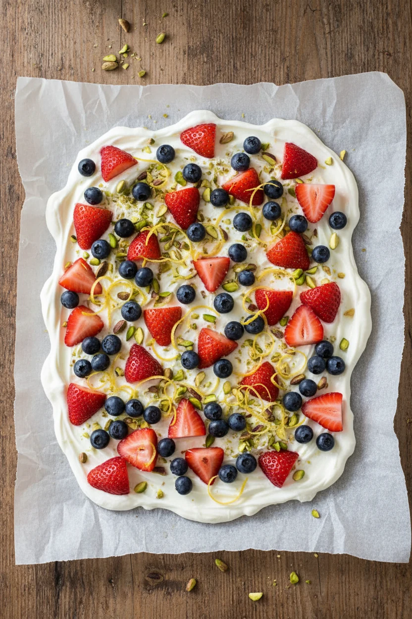 5. Tasty top view: Greek yogurt bark spread 1/4-inch thick on parchment, topped with sliced strawberries, blueberries, p