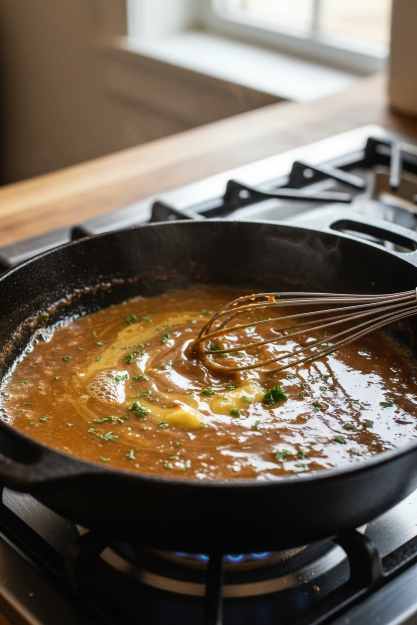 Pan sauce finish: roasting pan on stovetop with bubbling stock deglazing brown bits; Dijon and butter whisked into a sil