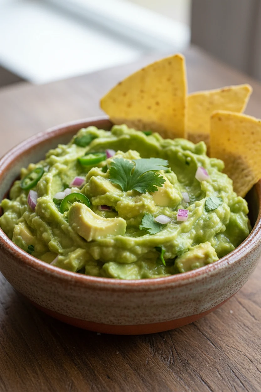 Chunky guacamole in a small rustic bowl—avocado chunks, minced jalapeño, red onion, cilantro, light lime sheen—garnished