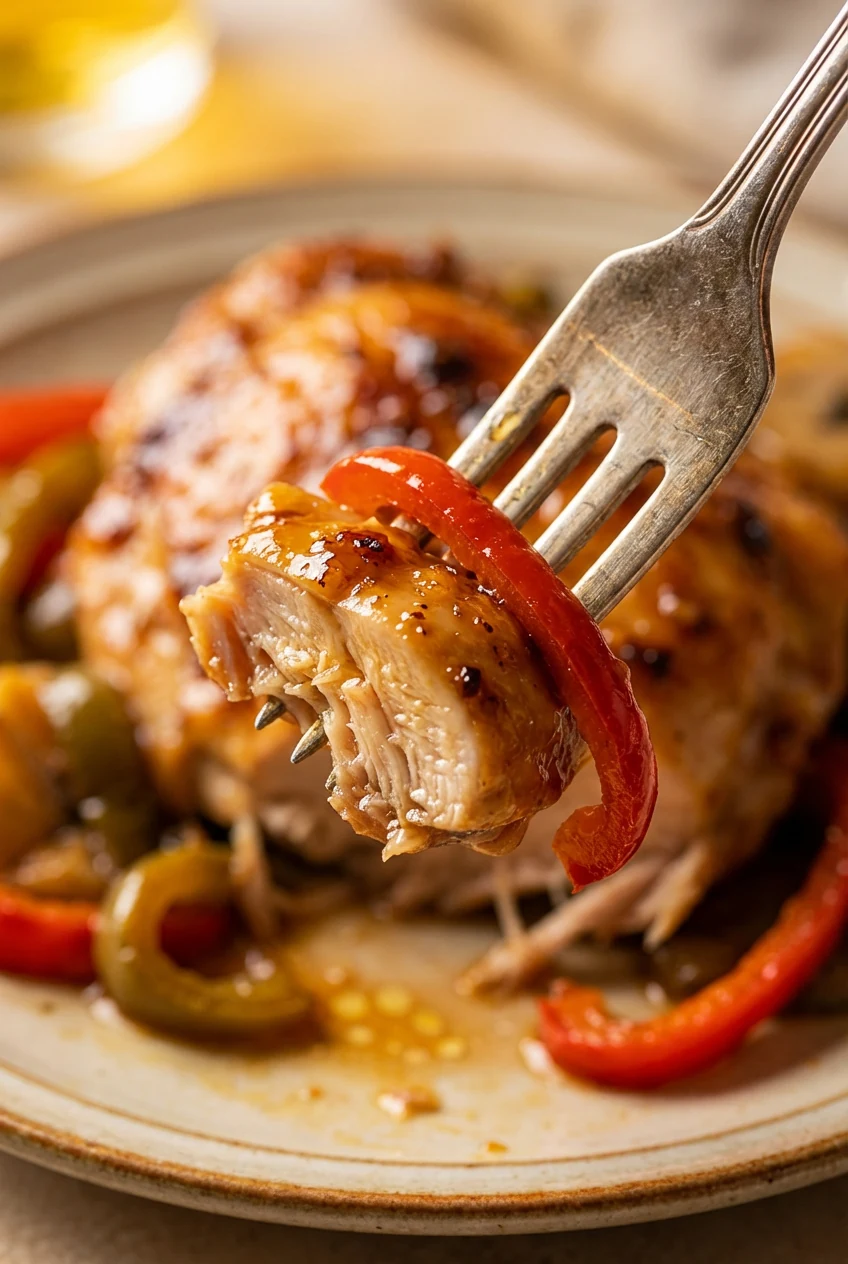 5. Macro detail of a fork holding a bite-sized portion of tender chicken and vibrant red pepper, showcasing juicy fibers