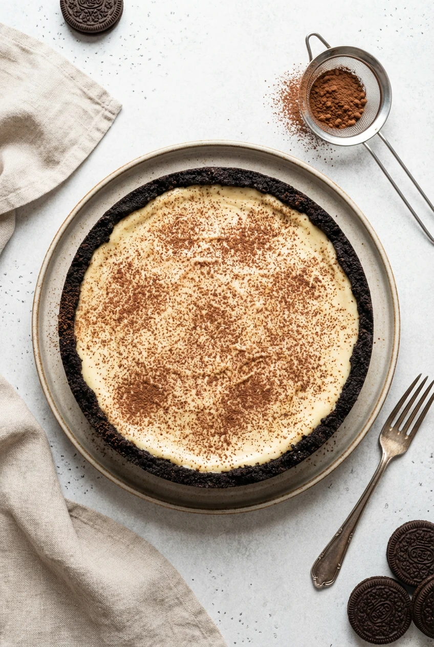 Top view of an Oreo crumb crust cheesecake with a light dusting of cocoa powder on the surface, contrasted against the d