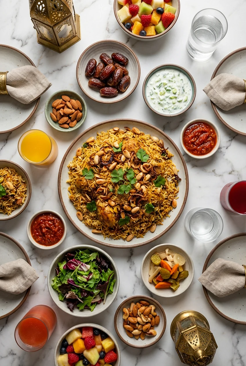 Top-down view of the final iftar spread featuring the chicken and rice dish as centerpiece, surrounded by small bowls of