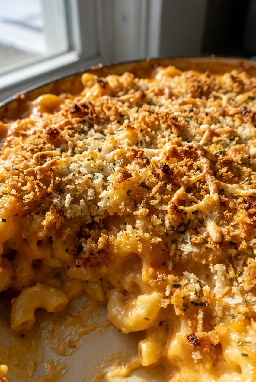 Close-up detail of crispy breadcrumb topping on mac and cheese, showing crunchy golden texture over the creamy layer ben