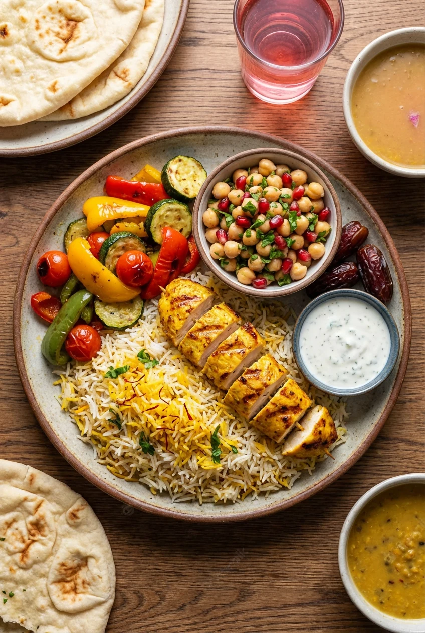 Overhead shot of a complete iftar plate: fluffy aromatic rice base, golden grilled chicken slices, crisp vibrant vegetab