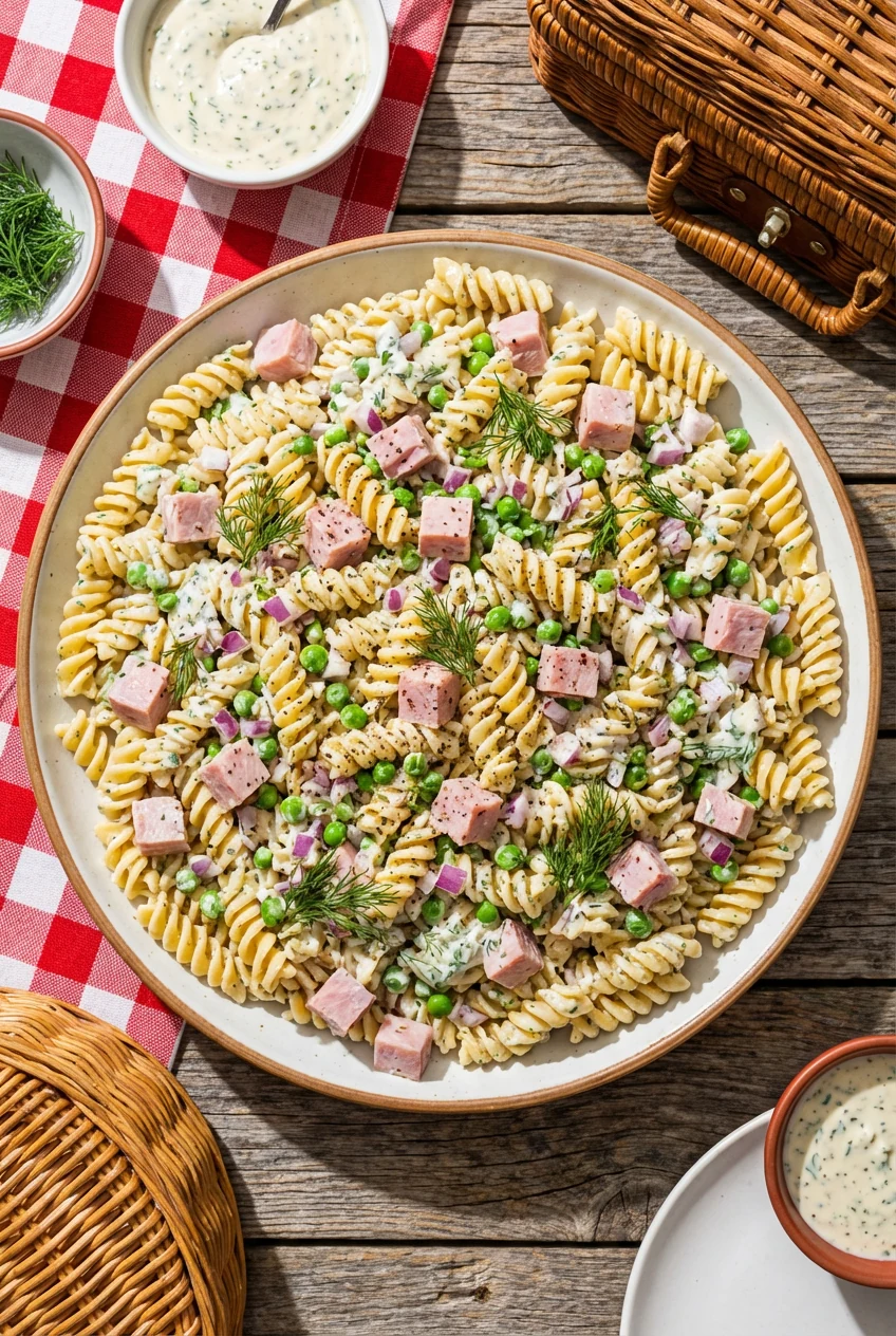5. Top-down view of ham pasta salad in a large serving platter, with al dente pasta spirals, creamy dressing coating dic