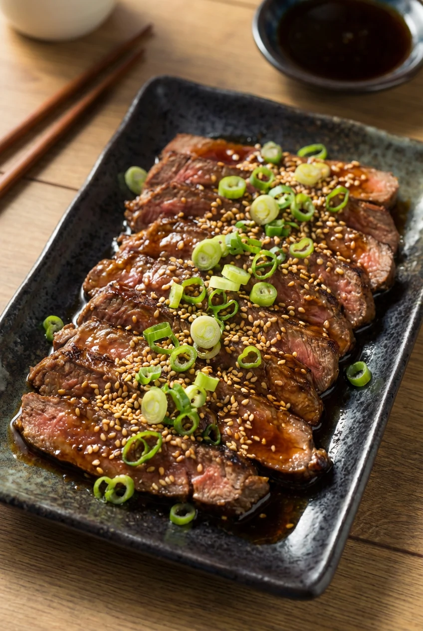 5. Top-view of Asian-inspired sirloin steak slices glazed with sesame oil and garnished with thinly sliced scallions and