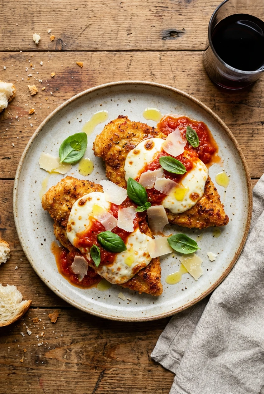 Plated Italian-style chicken cutlets topped with melted mozzarella and vibrant marinara sauce, overhead composition show