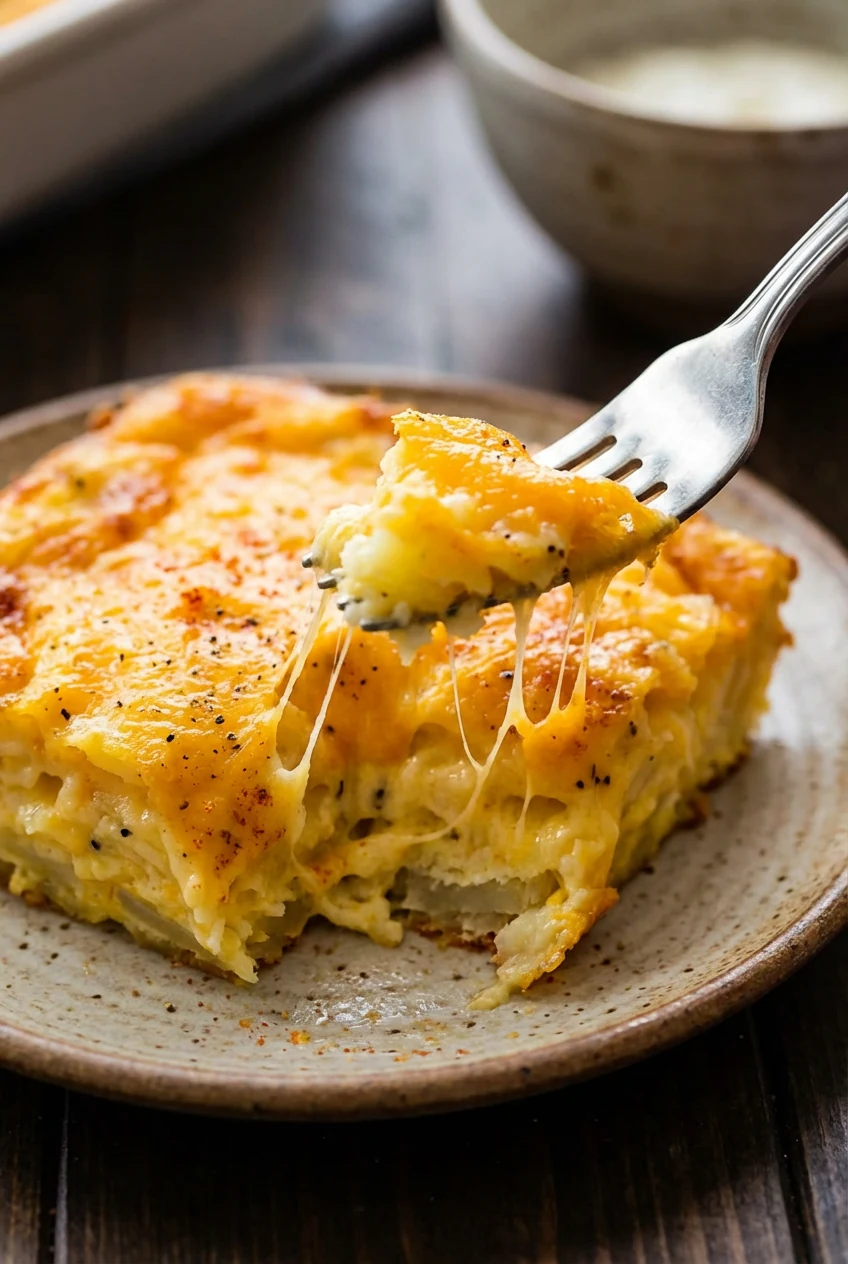 5. Close-up of casserole slice revealing fluffy interior texture, molten cheese strands stretching from fork to portion,