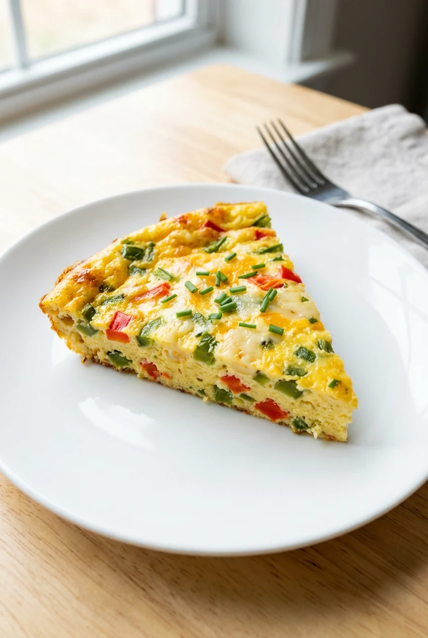 5. Plated presentation of a triangular slice of jalapeño and pepper jack frittata, vibrant flecks of green and orange th