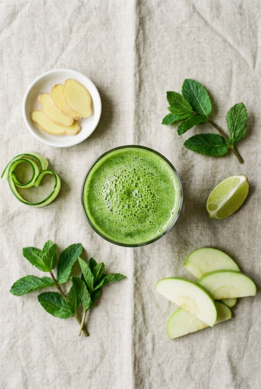 5. Overhead view of prepared green juice served alongside a small dish of ginger slices and cucumber ribbons, styled wit