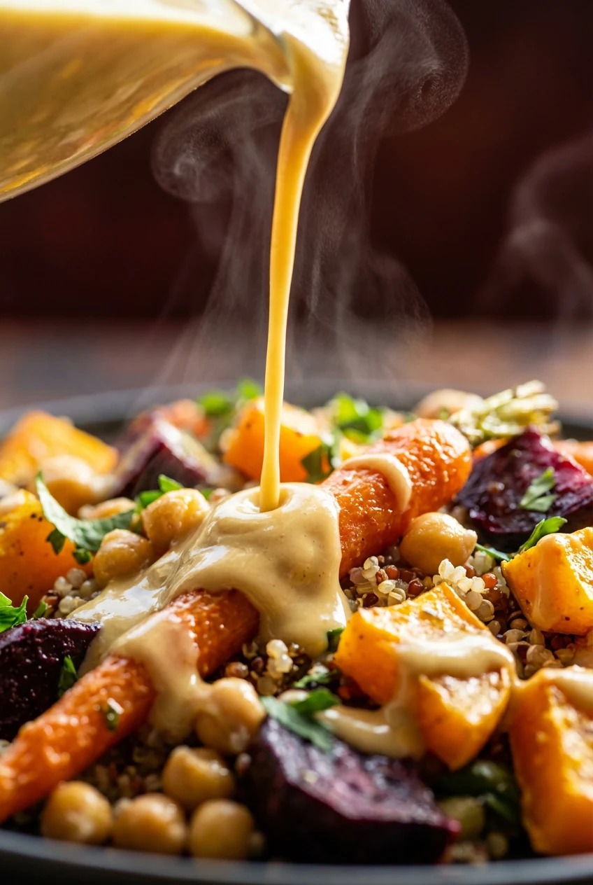 Macro shot of tahini-lemon dressing cascading over the assembled warm salad, silky texture catching the light, focus on 