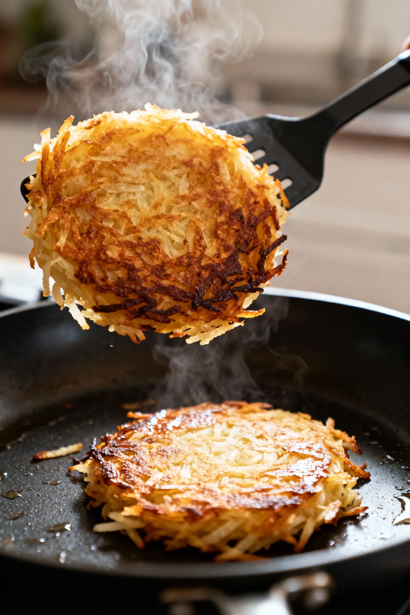 Step-in cooking process shot of hashbrowns mid-flip in a non-stick pan, one side perfectly browned, spatula lifting, ste