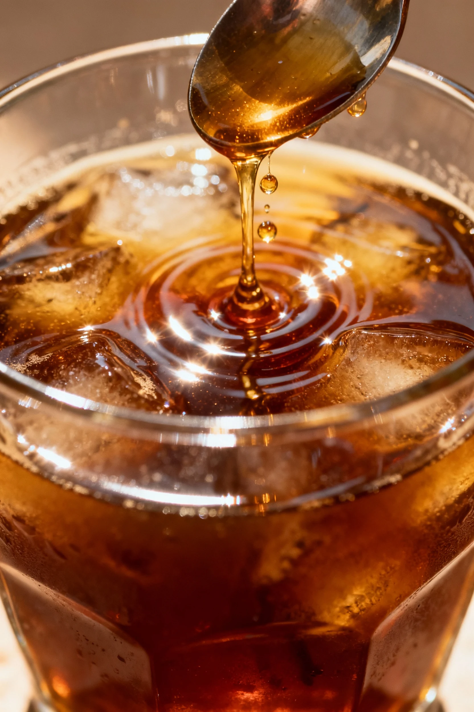 5. Step-by-step process shot of chilled coffee being stirred with vanilla extract and maple syrup, swirling motion captu