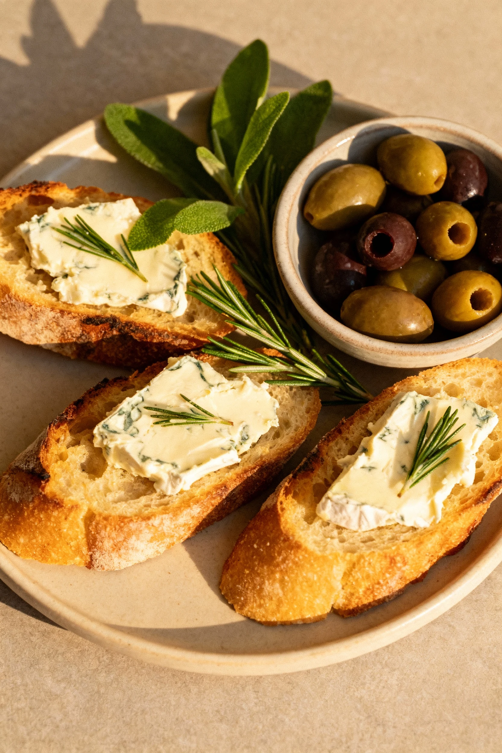Top-down view of a small appetizer platter featuring warm bread with Boursin spread, herb sprigs, and a side bowl of oli