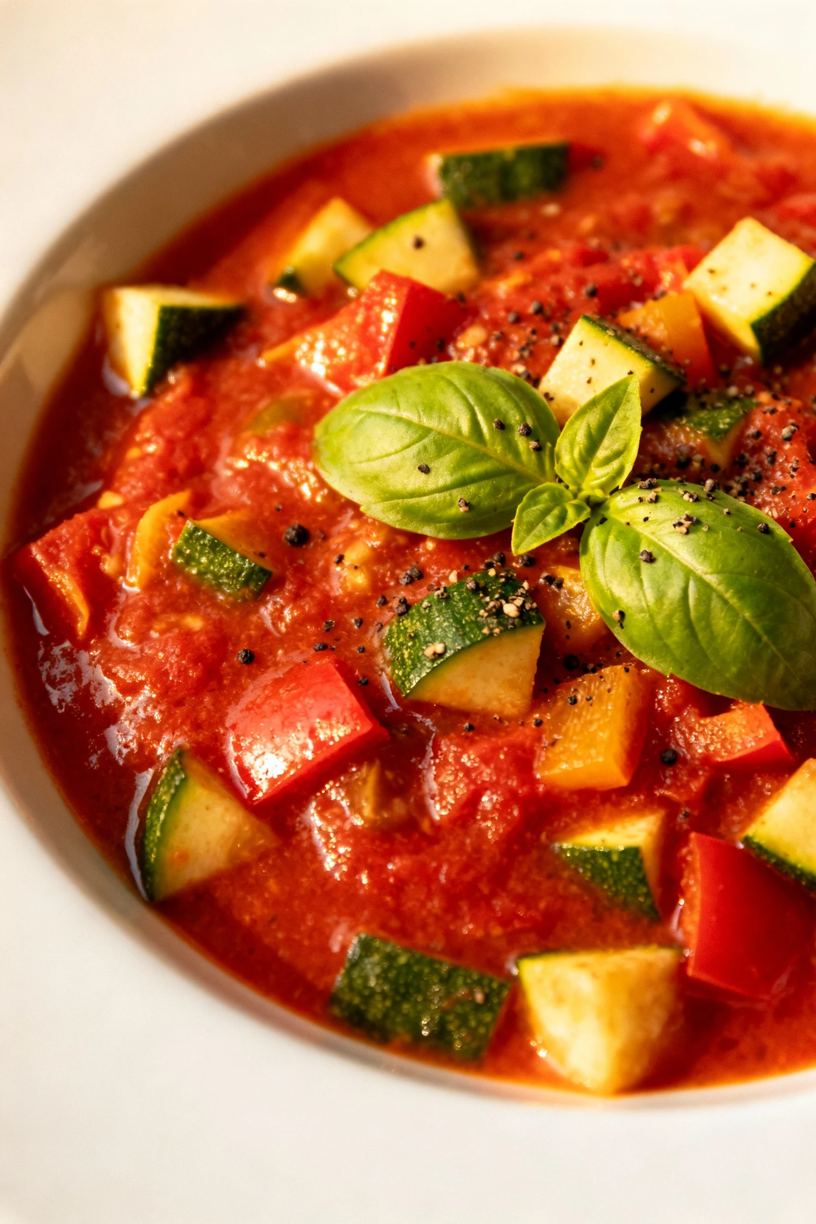 Final plated Italian variation stew in shallow white bowl, topped with fresh basil leaves, thick red tomato base studded