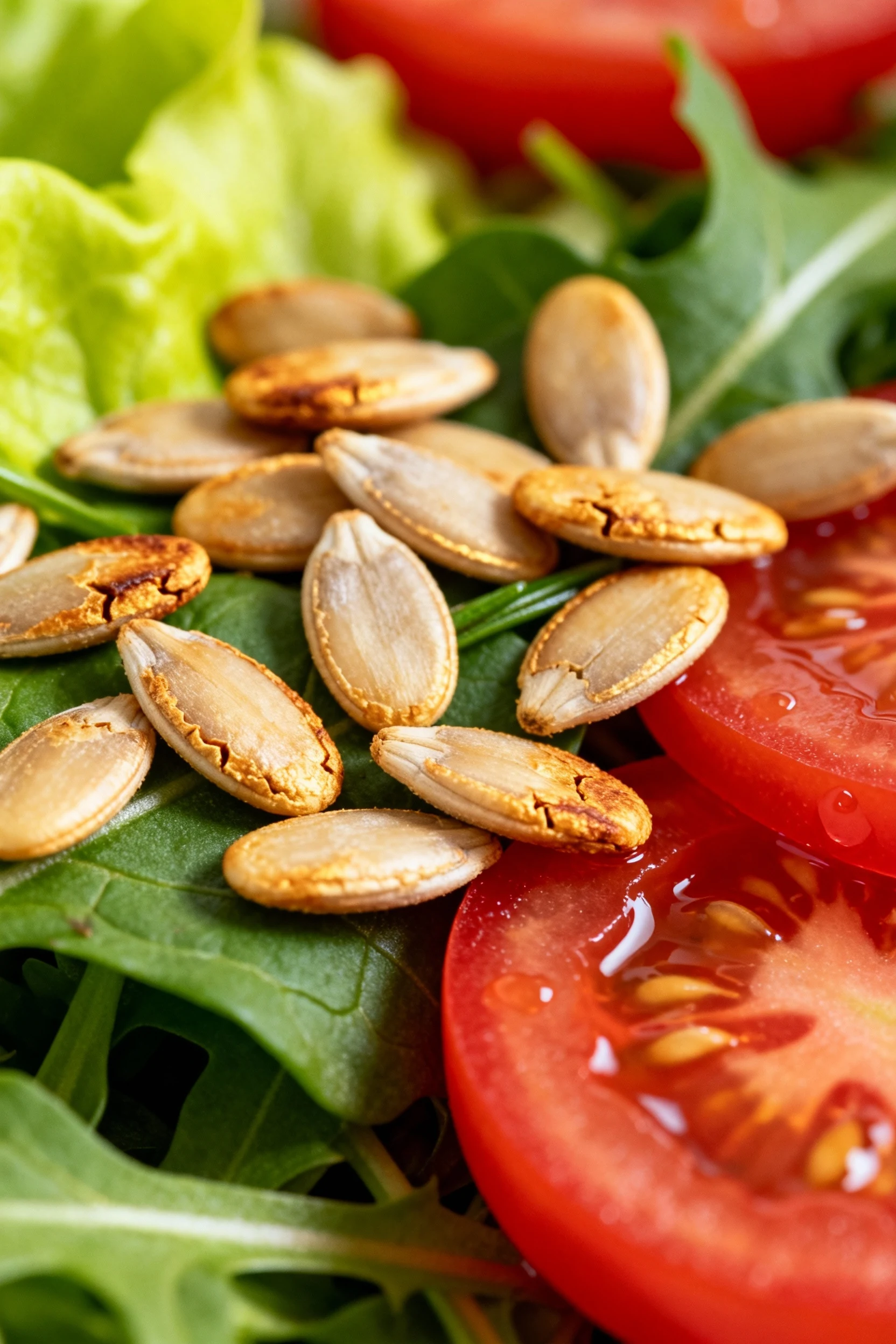Macro detail of toasted sunflower seeds sprinkled over the top of a prepared greens-and-herbs salad, showcasing crunchy 