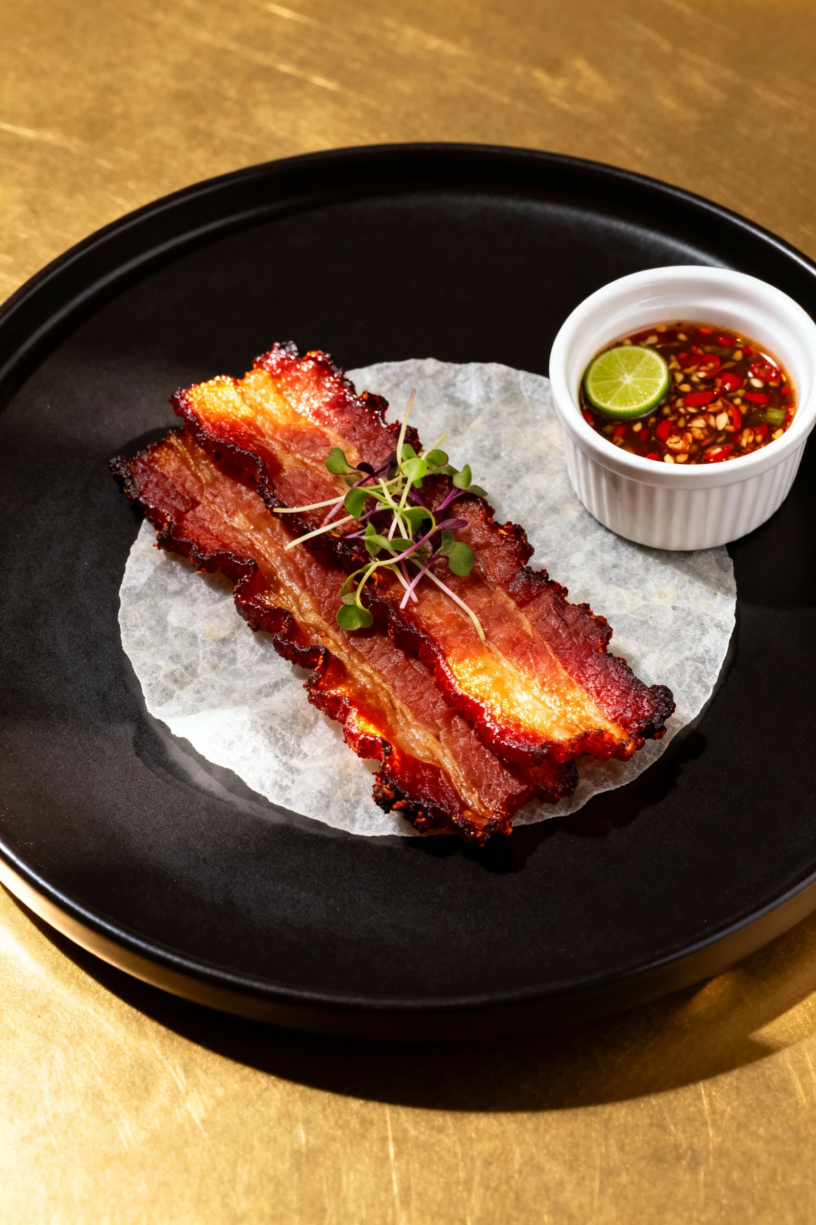 Final plated rice paper ‘bacon’ strips on matte black plate, deep reddish-brown crisp edges catching highlights, garnish