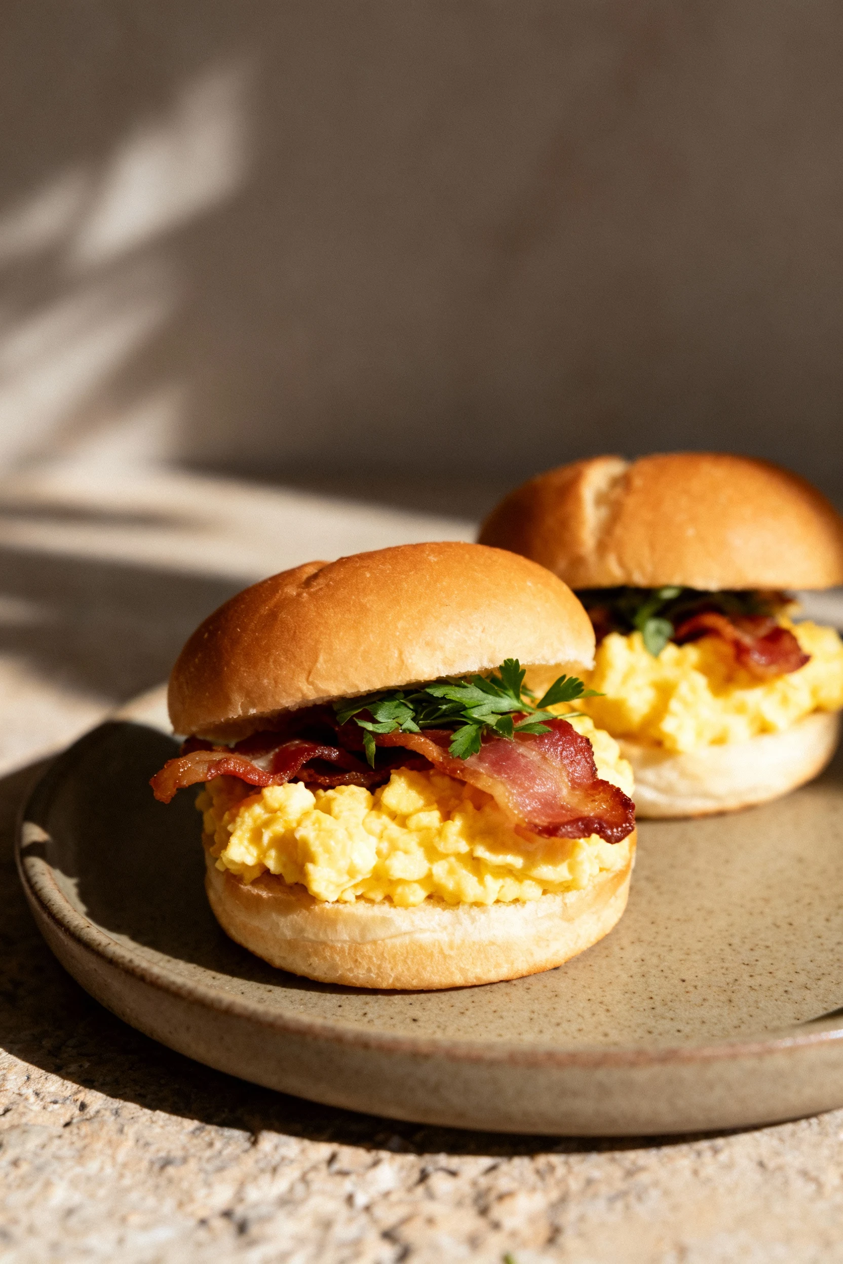 Beautifully plated breakfast sliders with fluffy scrambled eggs, crispy bacon, and lightly toasted mini brioche, garnish