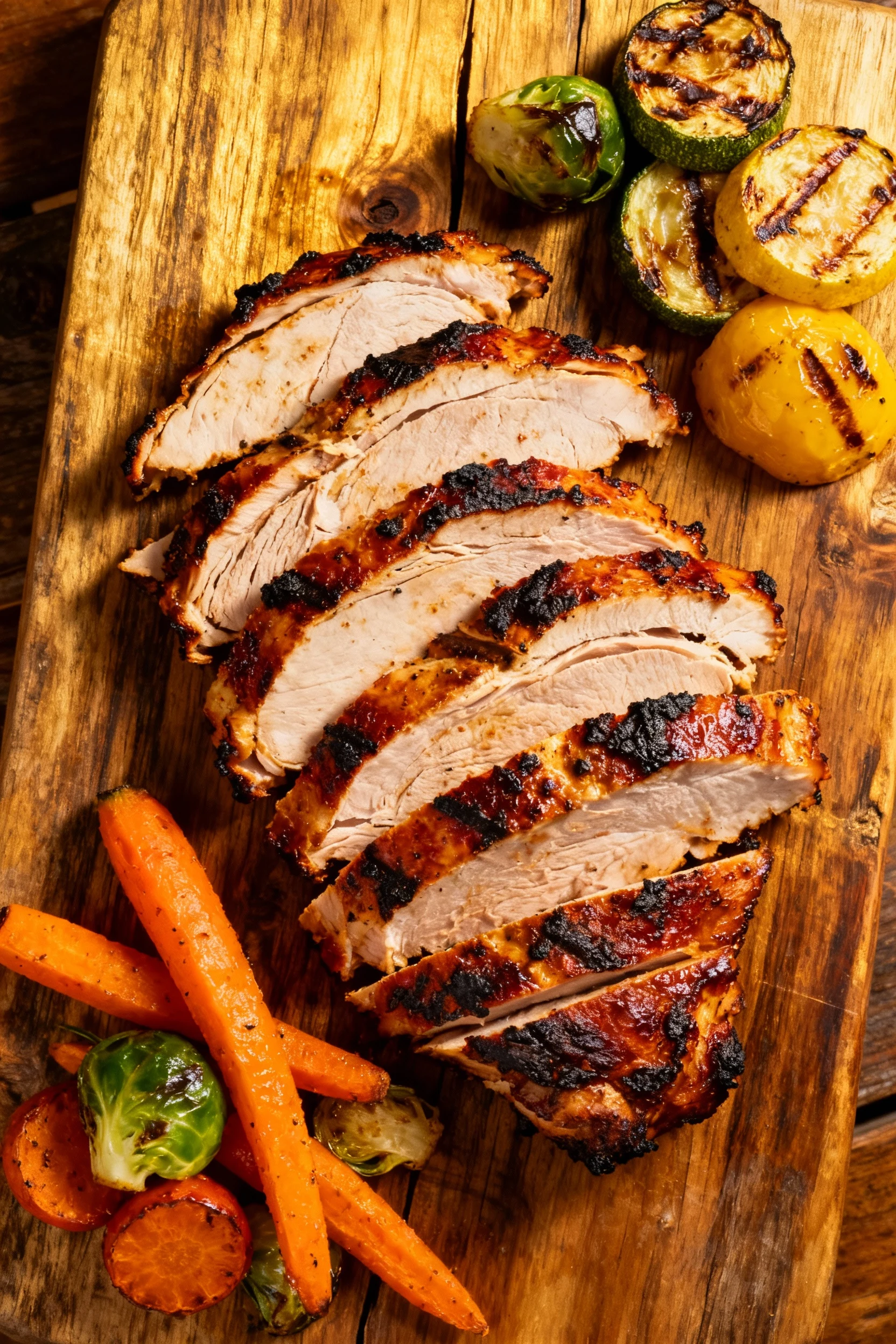 Overhead shot of smoky BBQ-rubbed turkey breast slices with charred edges, served on a rustic wooden board with sides of