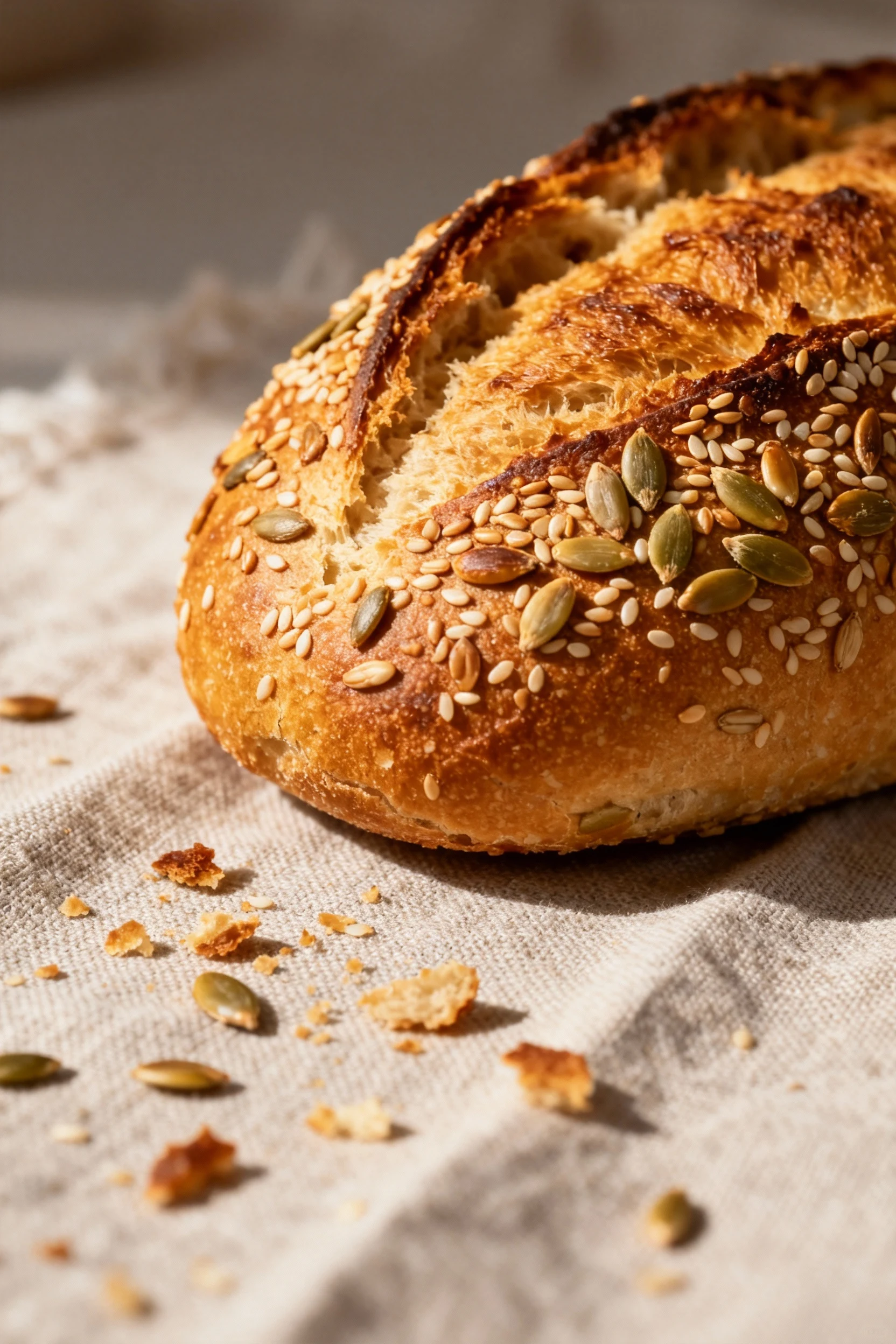 5. Close-up detail of seeded crust loaf, sesame and sunflower seeds toasted to rich golden hues, tactile surface emphasi