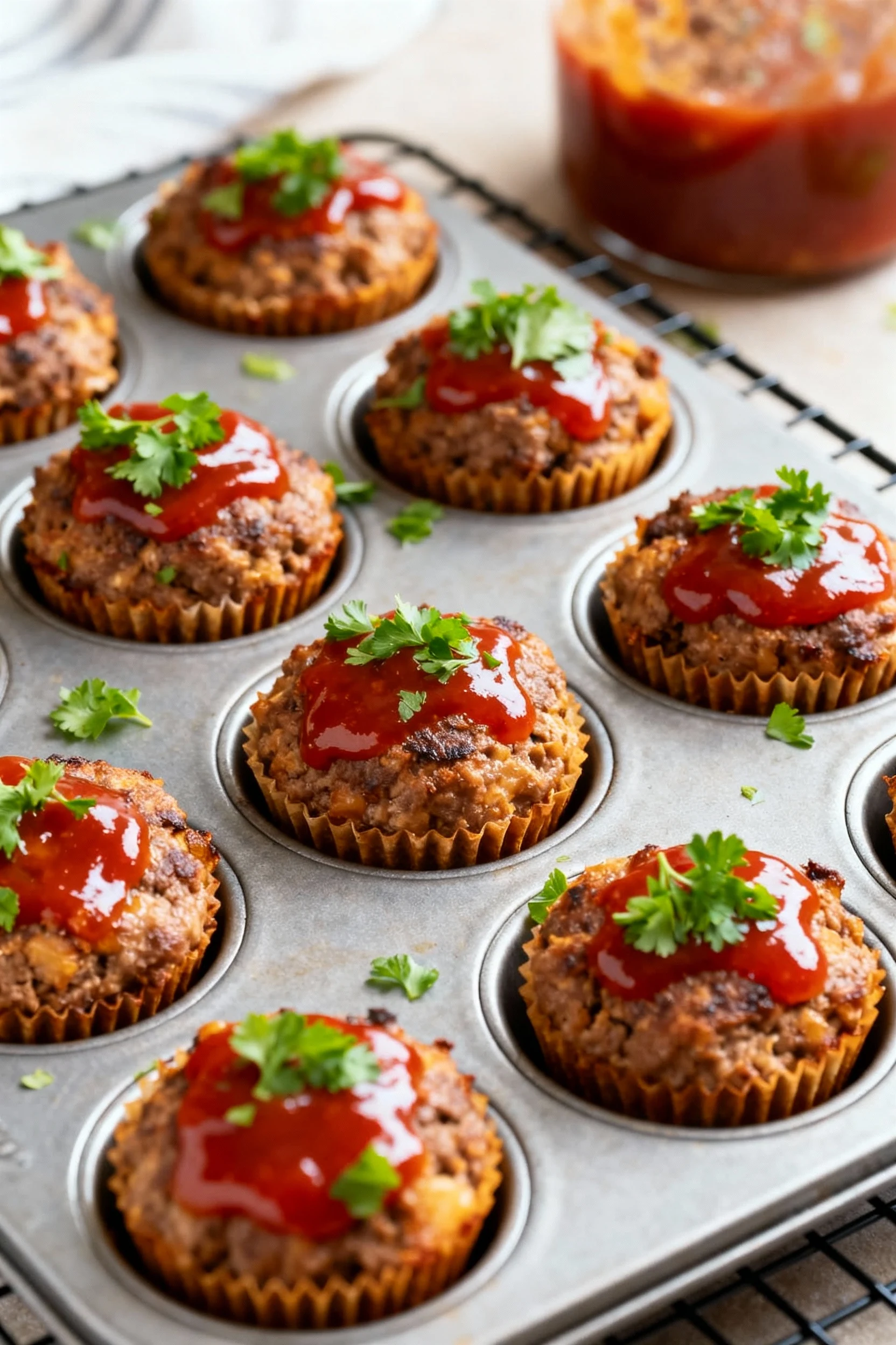 Top-down view of mini meatloaves baked in muffin tins, each with individual glossy ketchup topping and sprinkled with fr