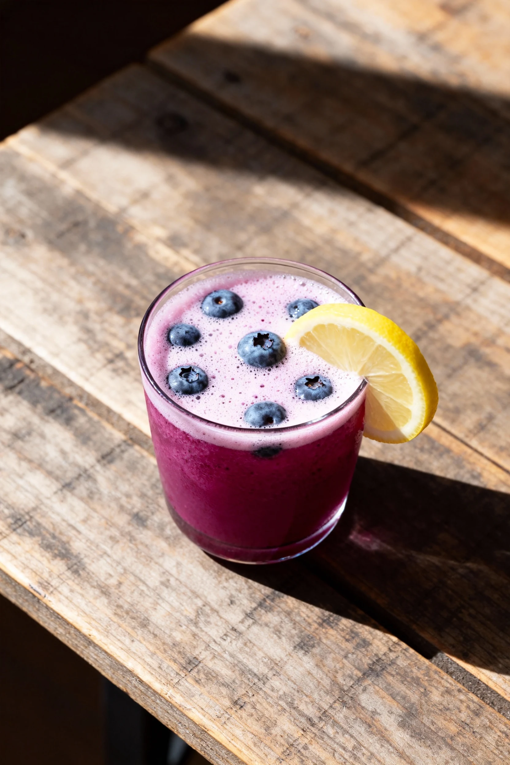 5. Overhead view of berry variation juice in a short glass with deep magenta-purple color, light frothy top, garnished w