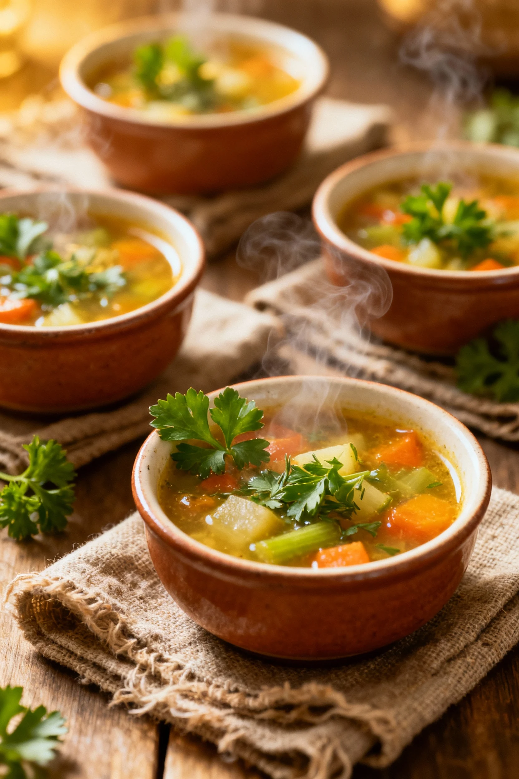 5. Overhead shot of soup served in multiple small bowls for portioning, each with vibrant vegetables and herbs, steam vi