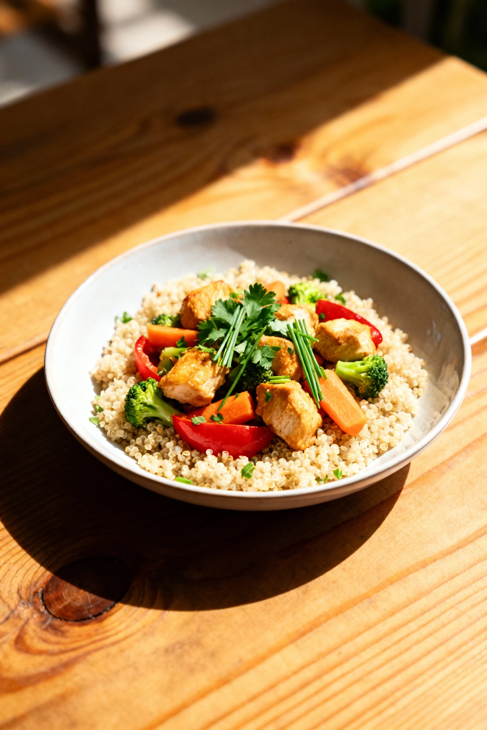 Top-down view of the dish served over fluffy quinoa, golden chicken cubes nestled among vibrant vegetables, sprinkled wi