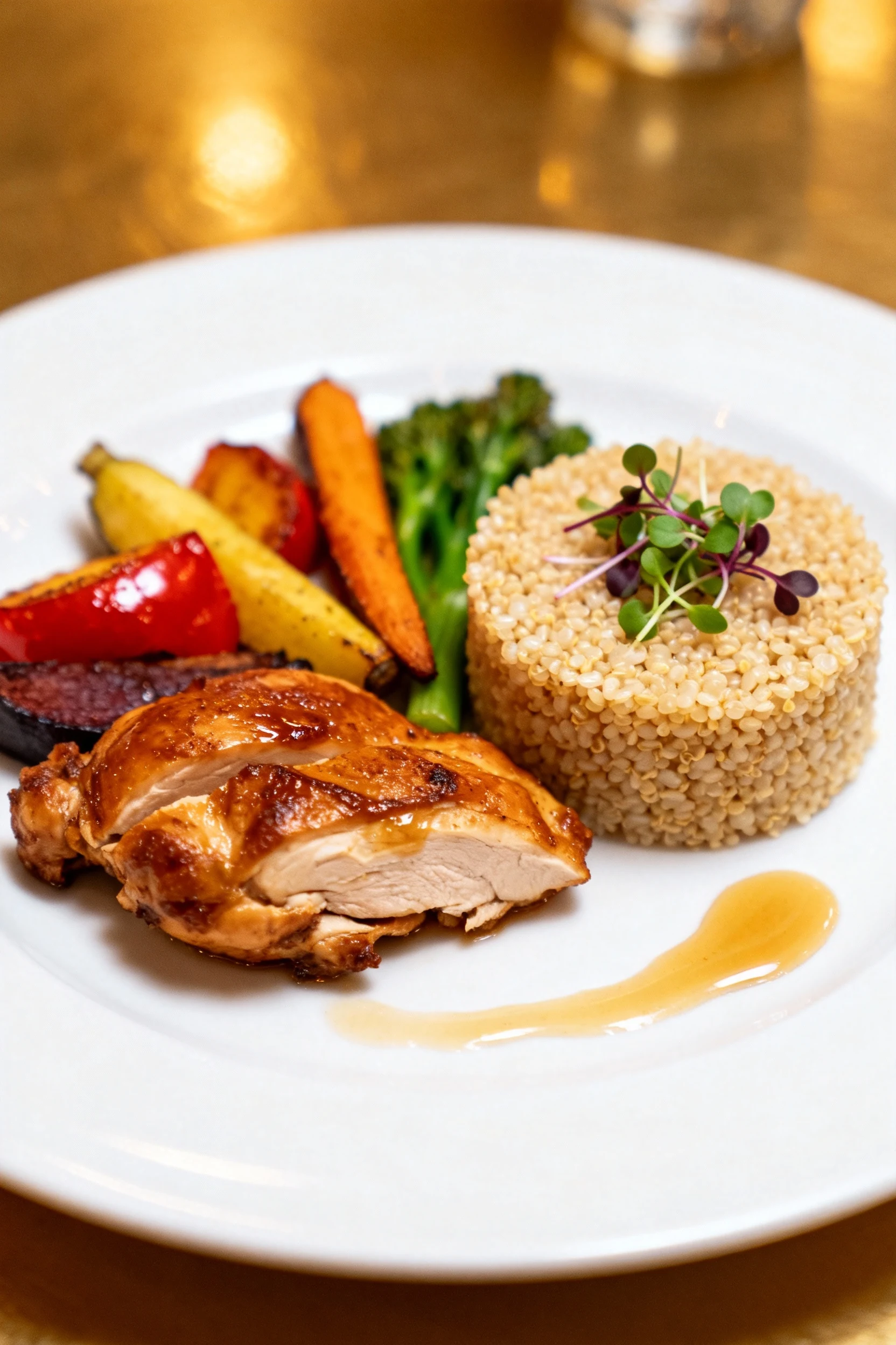 5. Final plated dish on a white porcelain plate: rich chicken, vibrant roasted vegetables, and a neat mound of quinoa, g