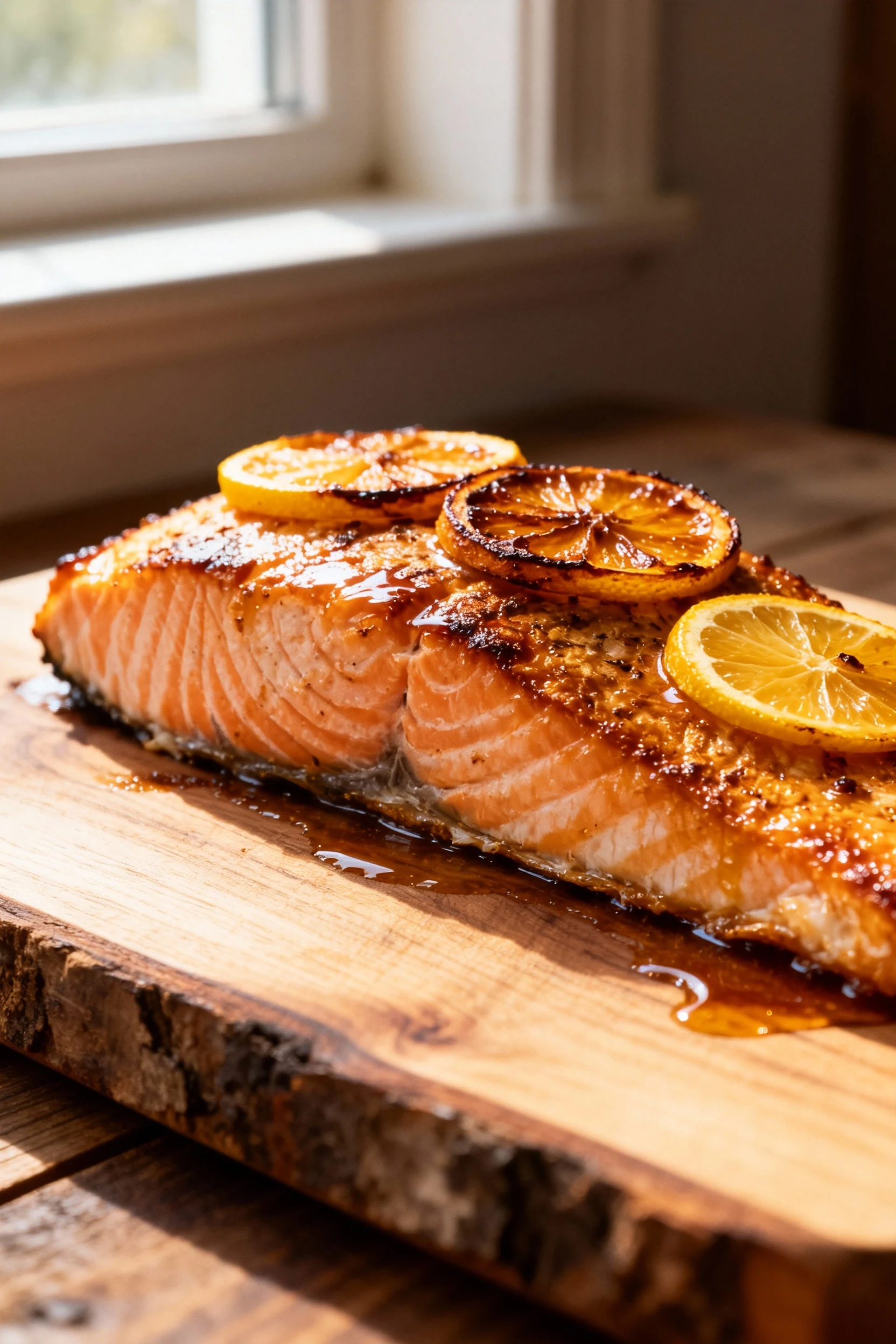 Baked salmon resting post-oven on wooden board, citrus slices slightly caramelized on top, close-up detail of crust text